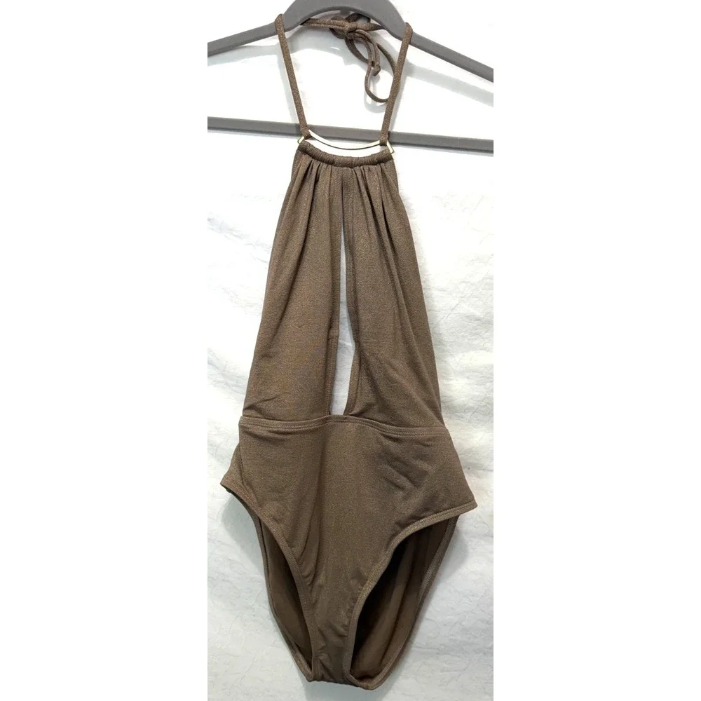 Kenneth Cole Medium Brown & Gold Shimmer Tummy Toner 1 Piece Halter Bathing Suit